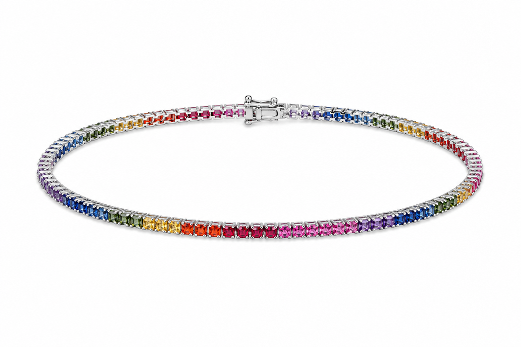 Rainbow Tennis Bracelet with multicoloured stones in 925 sterling silver