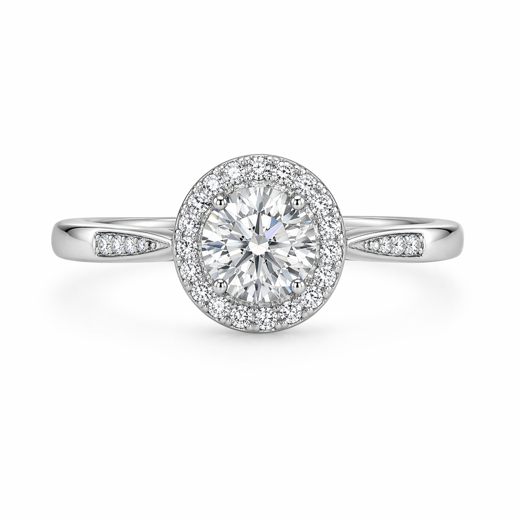 Lumiere Halo Ring with moissanite centre stone in 925 sterling silver
