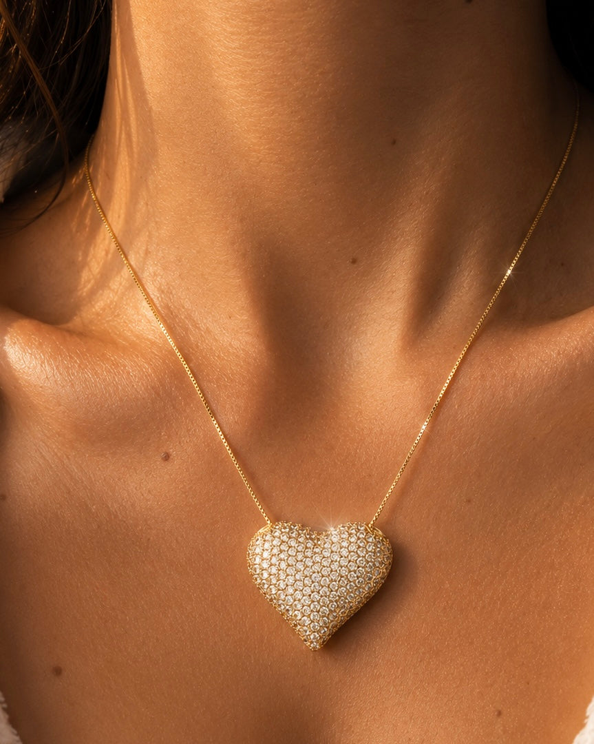 Model wearing the XL Heart Necklace in 14K gold plated sterling silver