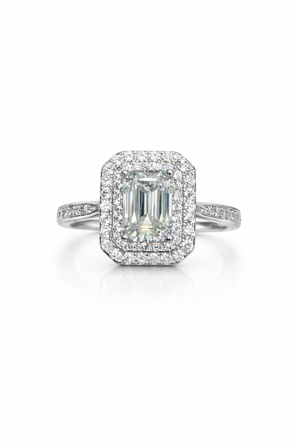 Emerald Cut Halo Ring with moissanite centre stone in 925 sterling silver