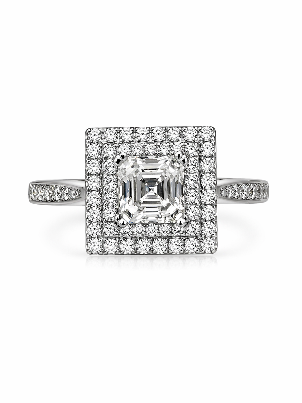 Square Cut Halo Ring with moissanite centre stone in 925 sterling silver