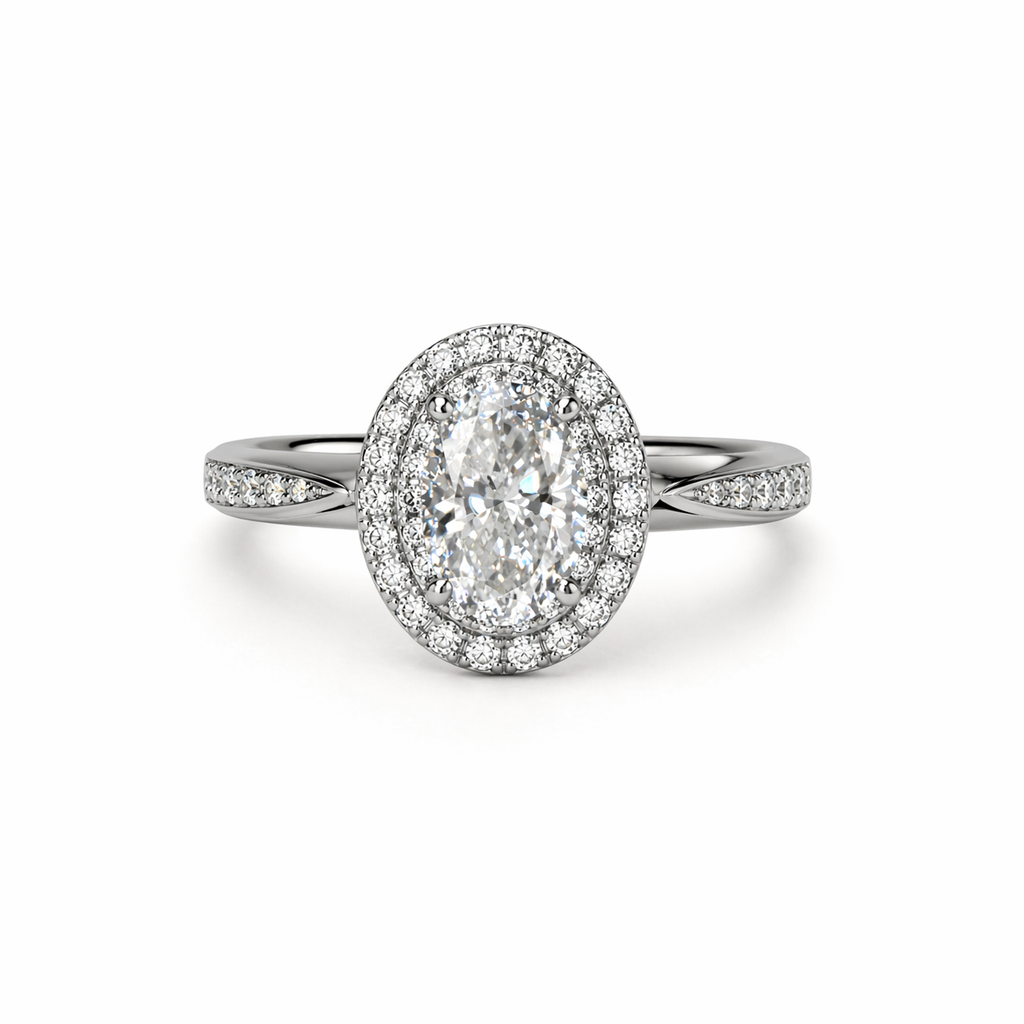 Oval Cut Halo Ring with moissanite centre stone in 925 sterling silver