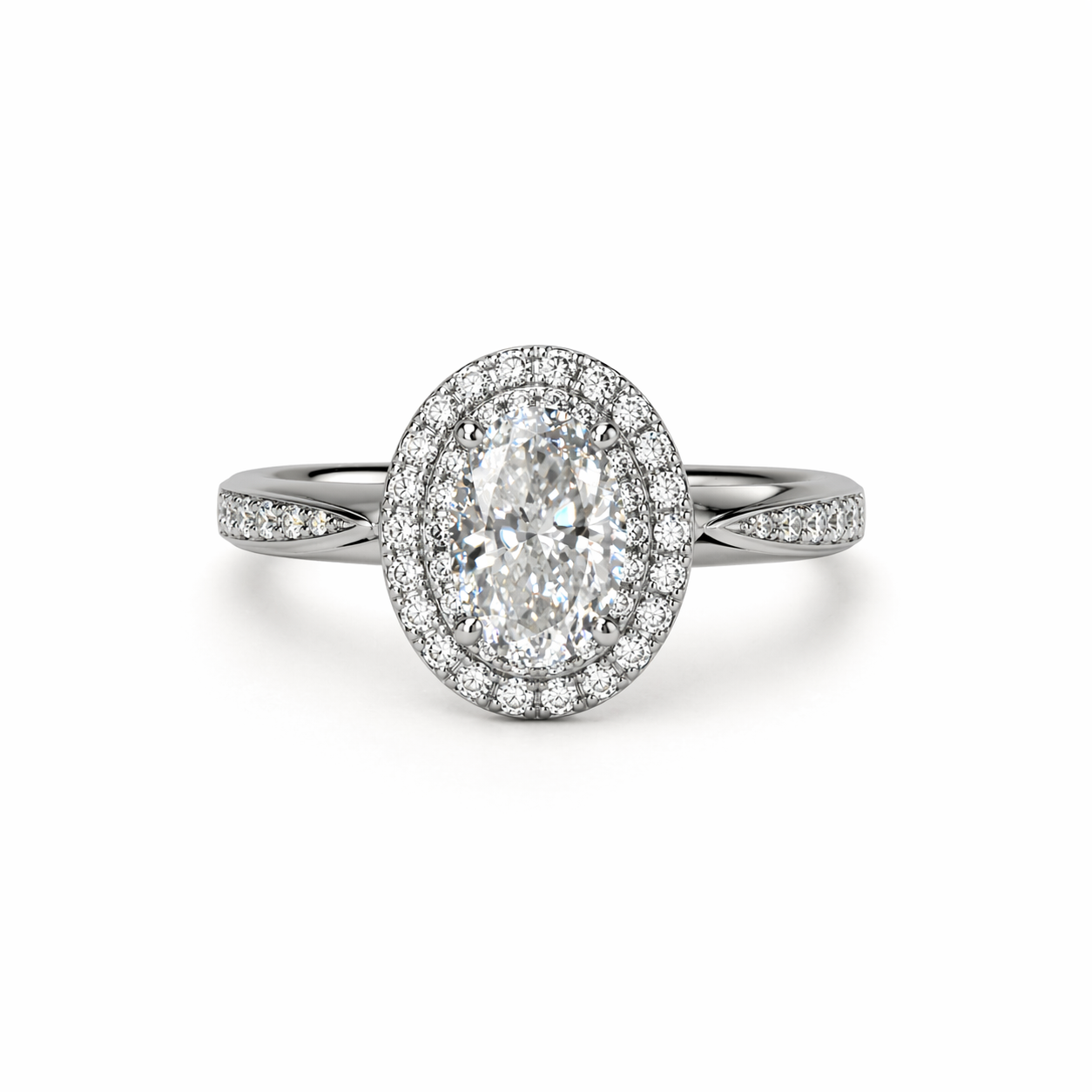 Oval Cut Halo Ring with moissanite centre stone in 925 sterling silver